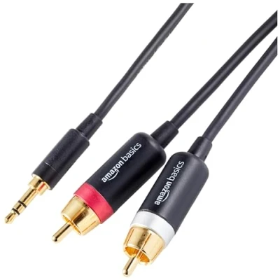 Image of Amazon Basics 3.5 Aux to 2 x RCA Adapters, Audio Cable for Amplifiers, Active Speakers with Gold Plated Plugs, 4.6 m, Black