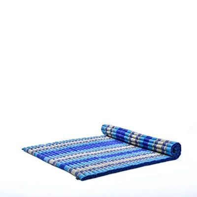 Image of Leewadee Foldable Floor Mattress Japanese Roll Up Futon Trifold Tatami Mat Guest Bed Camping Thai Massage Mat, Kapok Filled, 190 x 145 cm, Blue