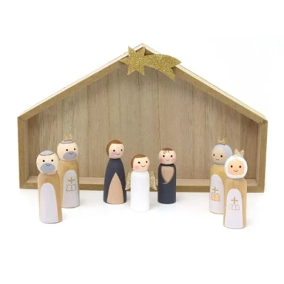 Image of Carousel Home 7 Piece Wooden Nativity Scene with Mini Peg Figures &amp; Stable Traditional Keepsake Set Christmas Ornament