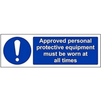 Image of V Safety 41083AX S Approved Personal Protective Equipment Must Be Worn At All Times PPE Sign Landscape 300mm x 100mm Self Adhesive Vinyl, Blue