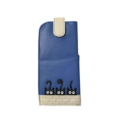 Image of Mala Leather Peek A Boo Black Cat Wide Fitting Tab Top Glasses Case (Blue)