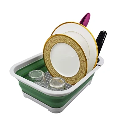 Image of SAMMART Collapsible Plastic Dish Drainer with Board Foldable Drying Rack Set Portable Dinnerware Organizer Space Saving Kitchen Storage Tray (Grey/Dark Sea Green)