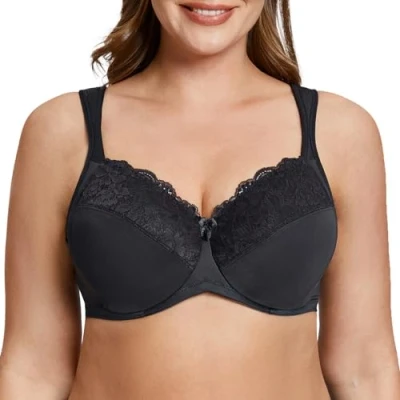 Image of MELENECA Women&#039;s Minimizer Bra Full Coverage Plus Size Underwire Lace Comfort Cushion Strap Black 36I