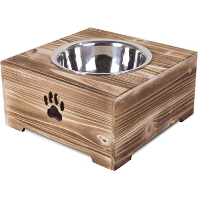 Image of green leaves Dog Food Feeding Stand Station Stainless Double Raised Bowls Wooden Crate (Large Single Bowl)