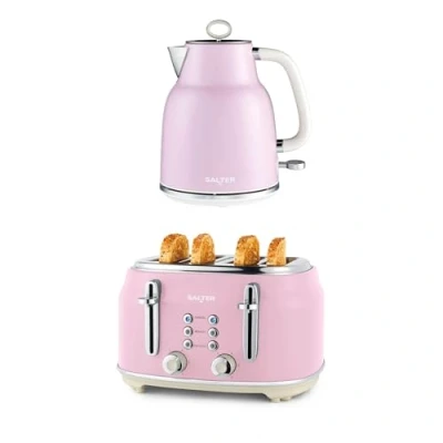Image of Salter COMBO 9192 Retro Kettle &amp; Toaster Set 1.7L Fast Boil With Removable Limescale Filter, 4 Slice Wide Slot for Thick Bread, High Lift Eject, Blue Indicator Lights, 3kW/1630W, Pink