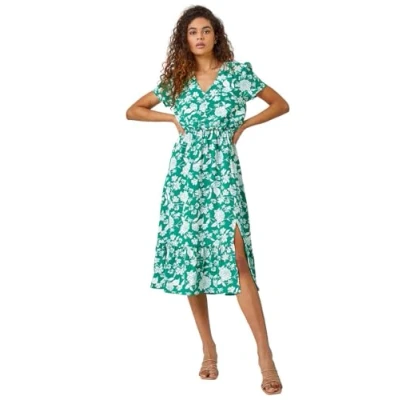 Image of Roman Originals Shirred Waist Dress for Women UK Ladies Midi Maxi Summer Spring Tiered Frill Hem Short Sleeve V Neck Button Through Boho Bohemian Gypsy Holiday Green White Size 20