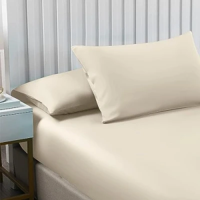 Image of Deep Fitted Sheet 25cm Plain Dyed Non Iron Polycotton Bed Mattress Cover Elasticated Pocket (Pair of Pillow Cases Only, Cream)