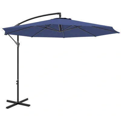 Image of Outsunny 3(m) Garden Banana Parasol Hanging Cantilever Umbrella with Crank Handle, 8 Ribs and Cross Base for Outdoor, Sun Shade, Blue