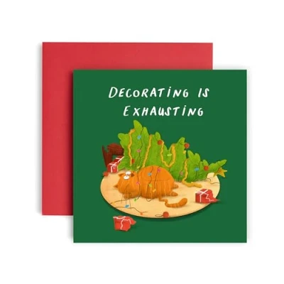 Image of Huxters Christmas Cards for Women Men Cat in Tree Exhausted Happy card him and her Dad Mum Brother Sister Auntie Uncle Daughter holiday 14.8cm