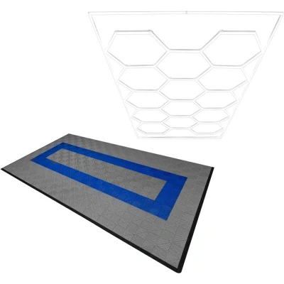 Image of MonsterShop Hexagon LED Light &amp; Vented Garage Floor Tiles with Edges 90 Grey 30 Blue