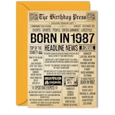 Image of 38th Birthday Card for Women Men Bday Press Newspaper 1987 Happy 38 Cards Cousin Auntie Daughter Husband Colleague Son, 5x7 Inch Greeting