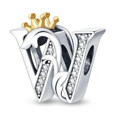 Image of TINSLO 925 Sterling Silver Charms Beads Initial W Letter for Pandora Bracelet, Dangle Pendant Necklace and Bracelet Jewelry Gifts Women Girls