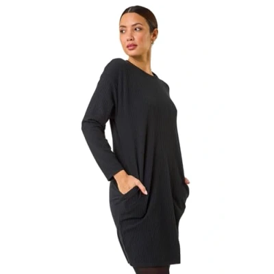 Image of Roman Originals Ribbed Stretch Jumper Dress for Women UK Ladies Everyday Autumn Winter Round Neckline Comfy Soft Evening Vacation Work Party Night Out Black Size 18