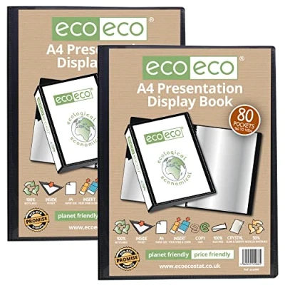 Image of eco A4 Size 50% Recycled 80 Pocket Black Presentation Display Book, Storage Case Portfolio Art Folder with Plastic Sleeves, (Pack of 2), eco066x2