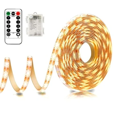 Image of LED Waterproof Strip Lights 5M Battery Powered Light with Remote, 8 Modes, Dimmable, Timer, Cuttable, Outdoor Indoor Self adhesive for Kitchen Bedroom Cabinet Bar Decor (Warm White)