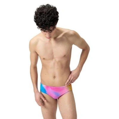 Image of Speedo Men&#039;s 8cm Allover Digital Brief Swim Trunks Swimmers Blue Pink