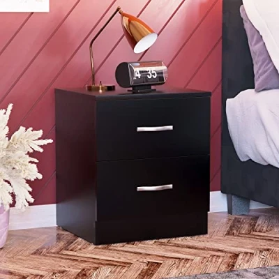 Image of Vida Designs Large Black Bedside Cabinet, 2 Drawer, Table, Metal Handles and Runners, Riano Bedroom Furniture