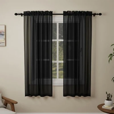 Image of Pacok Black Voile Curtains, 72 Drop 2 Panel Net Curtain for Windows, Rod Pocket Sheer Curtains Living Room Kitcken Bedroom W56xL72 Inch(Black,142 x 183cm)