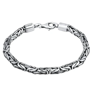 Image of Kuzzoi Buddha Silver Bracelet for Men, Handmade Byzantine Chain (5 mm) Made of Oxidised 925 Sterling Silver, Solid 26.3 g, 19 centimeters,