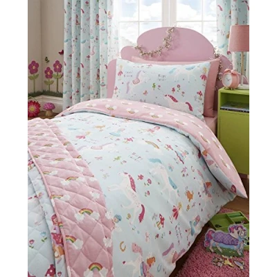 Image of Kidz Club Magical Unicorns Childrens Double Duvet Cover and Pillowcases Bed Set, Blue, Polyester Cotton