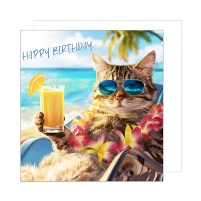 Image of Edition Seidel premium square Birthday Card with envelope. Happy Billet Animal for Woman Man Beach Cool Cat Funny Humor (GQ297 SW024)