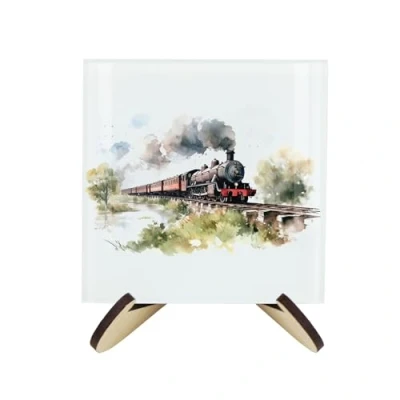 Image of Great British UK Steam Trains Coaster Set Square Glass Painted Scene Design of Four (4) Coasters &amp; Wood Effect Stand