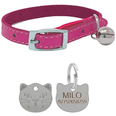 Image of Genuine Leather Cat Collar with Safety Elastic &amp; Bell Personalised Engraved Face Tag (Pink)