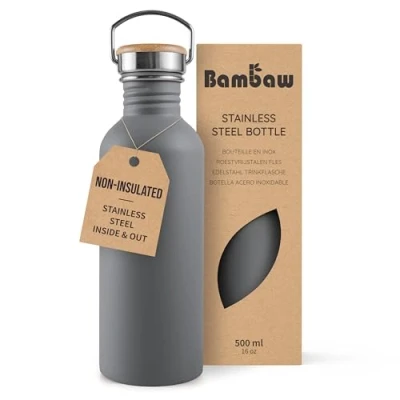 Image of Bambaw Stainless Steel Water Bottle 500ml, Grey Bottle, Non Insulated Sport BPA Free Reusable Mini Stormy
