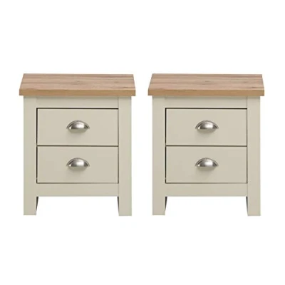 Image of Timber Art Design UK Lisbon 2x Bedside Table Cabinet with Chrome Cup Handles Storage Unit For Bedroom, Living Room, Hallway Nightstand 2 Drawer, Cream 45D x 45W 51H cm