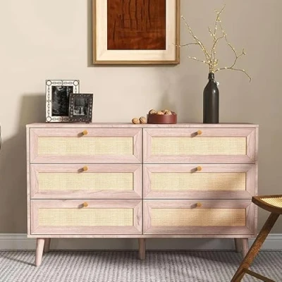 Image of URBANDECO Ferrero Natural and Woven Rattan 6 Drawer Wide Chest