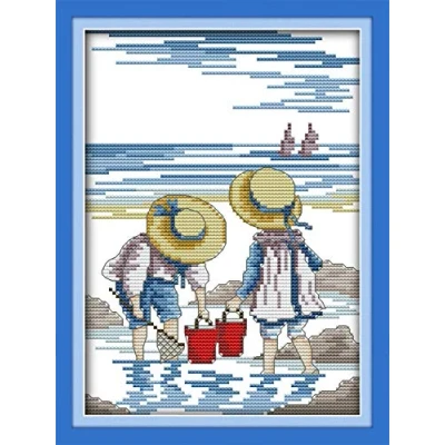 Image of Cross Stitch Kits Stamped, OWN4B Catching Fish Printed Pattern 11CT 9.4x13.8 inch DIY Embroidery Kit (Beach)