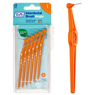 Image of TePe Interdental Brush Angle, Orange, 0.45mm/ISO 1, 6pcs, Interspace Cleaning, Plaque Remover for Teeth with Narrow Gaps, ensures Strong Gums