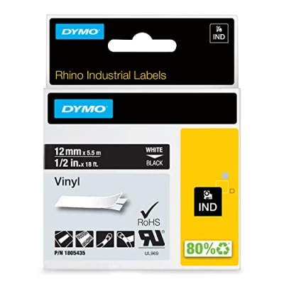 Image of DYMO Rhino Industrial Vinyl Labels 12 mm x 5.5 m White Print on Black Self Adhesive for LabelManager &amp; Label Makers