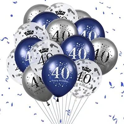 Image of 40th Birthday Balloons, 15 PCS 40 Anniversary Navy Blue Silver Latex Inflatable Clear Confetti Balloons Happy Party 12&#039;&#039; Royal Decorations for Men Women Indoor Outdoor Decor Supplies