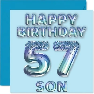 Image of 57th Birthday Card for Son Blue Glitter Party Balloons Happy Cards 57 Year Old from Mum Dad Parents, 145mm x Bday Greeting Gift
