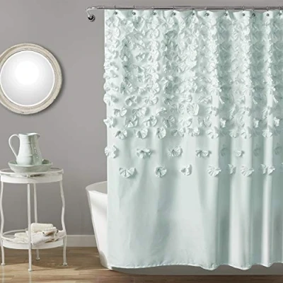 Image of Lush Decor Lucia Shower Curtain Fabric, Ruched, Floral, Textured Vintage Chic, Farmhouse Style Design, 72 x 72, Blue