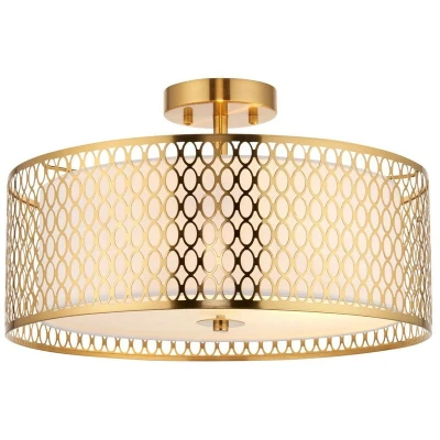 Image of Cordero Decorative Flush Ceiling Lamp, Gold Effect Plate, White Fabric, Frosted Glass