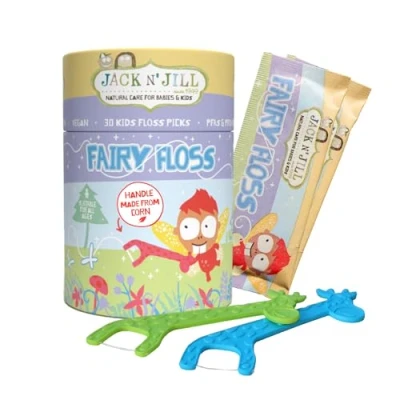 Image of Jack N&#039; Jill Fairy Floss 30 Individually Wrapped Dental Flossers, Slides Easily Between Teeth, Kids Picks with 4 Colours, Cute Handle Made from Corn, Make Flossing Fun for Children