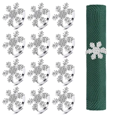 Image of KAHEIGN 12Pcs Christmas Napkin Rings, Silver Snowflake Holders Xmas Buckle with Rhinestone for Lunch Thanksgiving Party Holiday Wedding Table Decoration (4.5cm x 4.5cm)