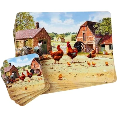 Image of Sets of 4 Placemats with Matching Coasters (Farmyard Cockerel PLACEMAT &amp; COASTERS)