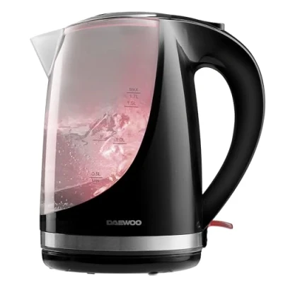 Image of Daewoo 1.7L Cordless Kettle With Stainless Steel Lid Colour Changing Indicator Lights Glossy Black Plastic Safety Locking Design