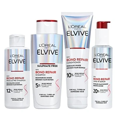 Image of L’Oreal Paris Elvive Bond Repair Hero Set for Damaged Hair, Pre Shampoo Treatment 200ml, Conditioner 150ml, Leave In Serum Intensive Treatment, Rebuild Broken Hair