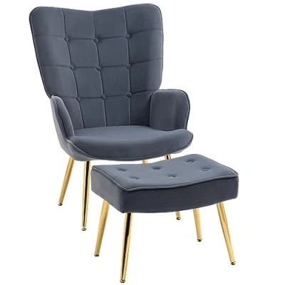 Image of HOMCOM Modern Armchair with Footstool, Upholstered Accent Chair Ottoman, Steel Legs, Velvet Wingback for Living Room, Bedroom, Home Study, Dark Grey