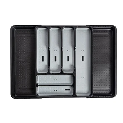 Image of Addis Extendable Premium Soft touch 6 to 8 compartment Cutlery Utensil Drawer Organiser Tray, Black &amp; Grey Sections