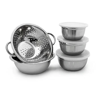 Image of Relaxdays Set of Salad Bowl Stainless Steel Kitchen Tool with Diameter 14/16, 18 and 24 cm Mixing Bowls or General Lid Velvet for Pasta Drainer Colander, Silver