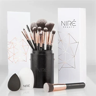 Image of Niré Beauty Professional Makeup Brushes 15 piece Award Winning Vegan Brush Set with Case, Blending Sponge, Cleaner, Guide, Gift Box