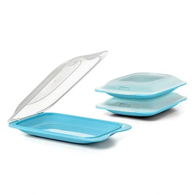 Image of TATAY Set of 3 Cold Meat Containers with Lid MINI, BPA Free, Reusable, Stackable, Dishwasher and Microwave Safe, Turquoise Colour. Sizes 12 x 3,1 18 cm