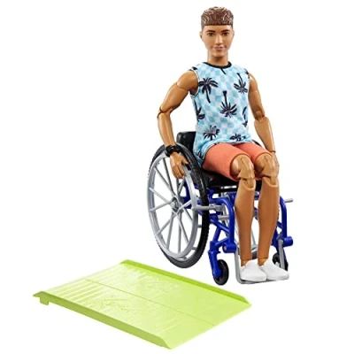 Image of Barbie Ken Doll with Wheelchair &amp; Ramp, Kids Toys, Fashionistas, Brunette Beachy Tee and Orange Shorts, Clothes Accessories, HJT59