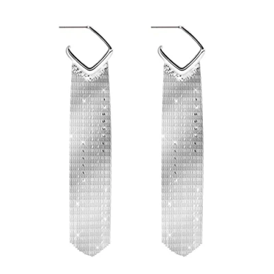 Image of KristLand Retro 925 Sterling Silver Earpin Chain Tassel Long Dangle Stud Earrings White Gold Plated Weddings Bridal Woman Jewellery