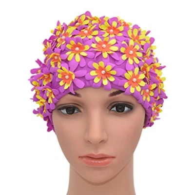 Image of Medifier Swim cap Floral Petal Retro Style Bathing Caps for Women Purple